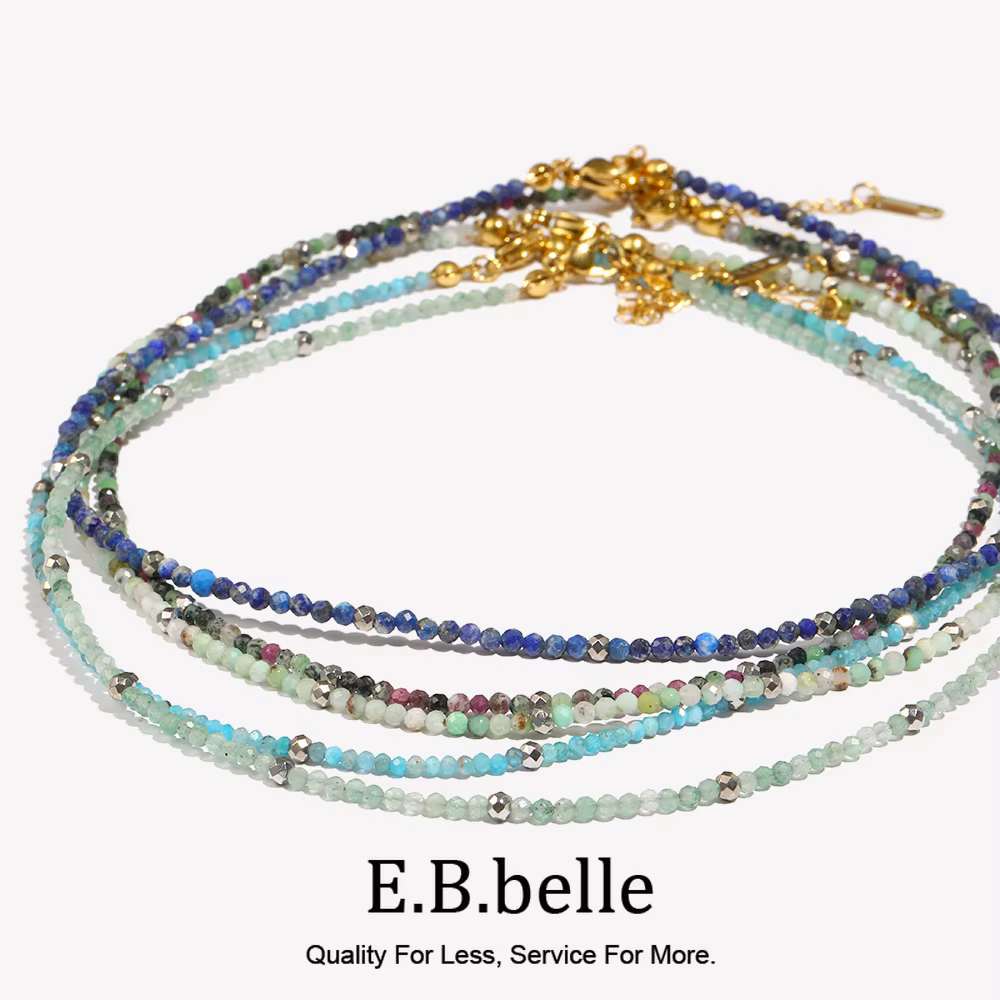 E.B.belle 2mm perles de pierre naturelle collier ras du cou Bracelet plaqué or 18K 316L acier inoxydable opale Agate