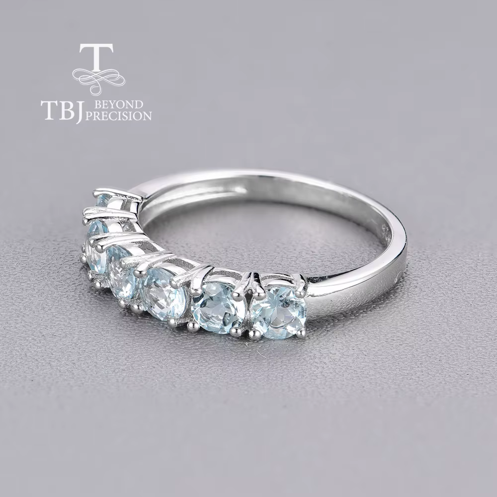 Bague aigue-marine brésilienne naturelle ronde en argent sterling 925