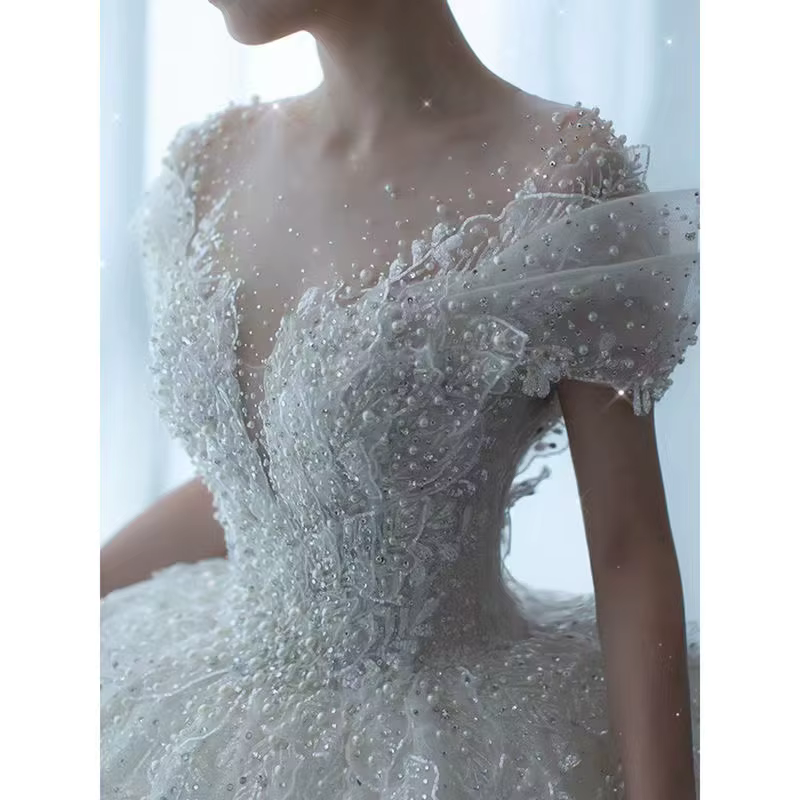 Robe de Mariée Longue avec Perles Réelles
