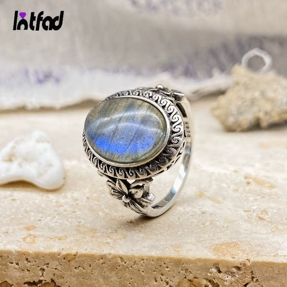 Bagues en labradorite naturelle de forme ovale 10*14MM, grande pierre et fleur, vintage, en argent sterling 925, bijoux fins rétro pour femmes