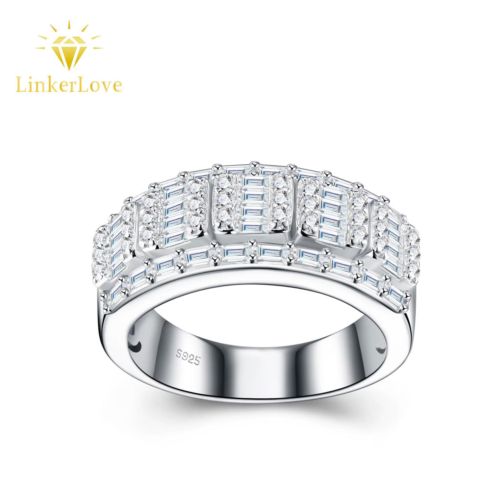 Bague éternité à trois rangs en argent sterling S925 avec moissanite LinkerLove pour homme