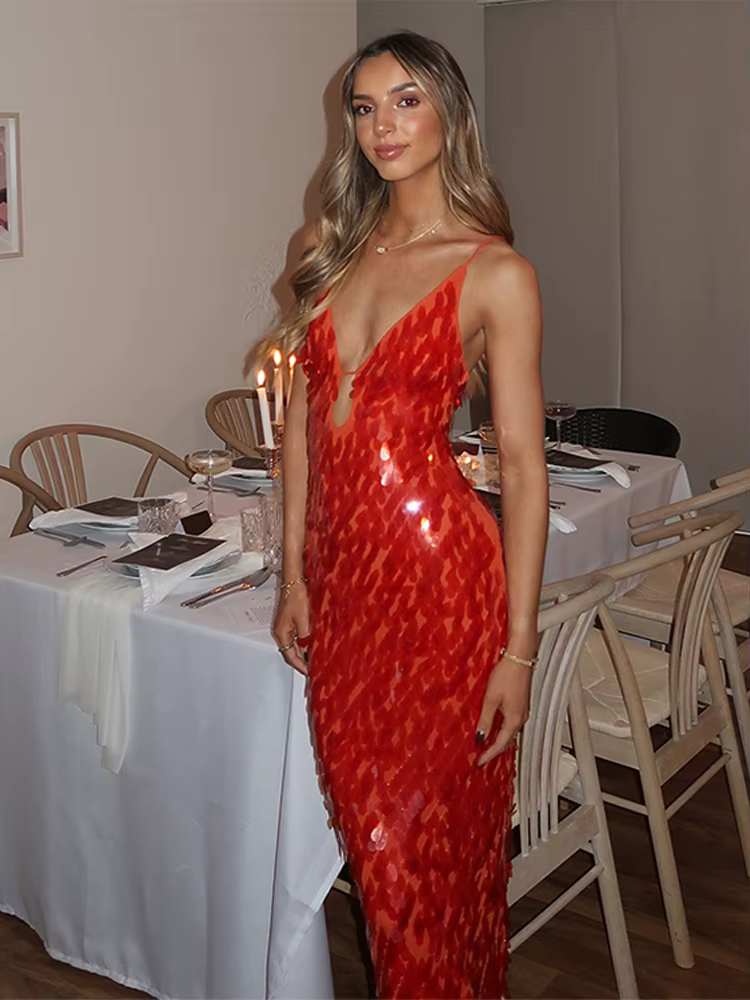 Sexy paillettes longue fronde robe de soirée femmes col en V sans manches rouge Maxi mince Robes femme 2025 été dame