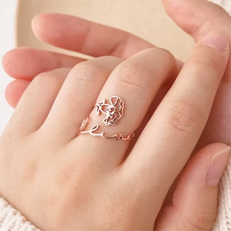 Bague ouverte personnalisée avec nom de fleur, bijoux en acier inoxydable haut de gamme, bague réglable personnalisée, cadeau d'anniversaire, matiques de couple, 12 mois