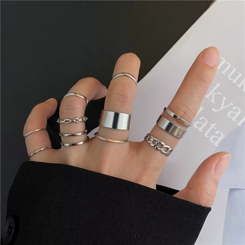 Ensemble de bagues punk simples couleur argent