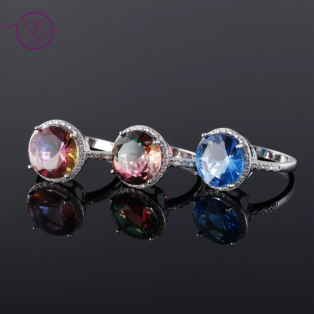 Grande bague ronde en Tourmaline multicolore bleue pour femmes