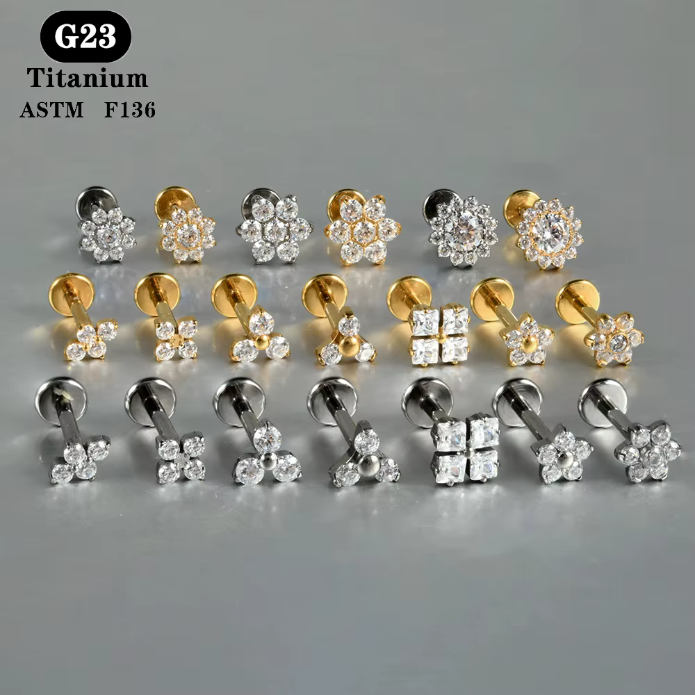 1 PC ASTM F136 titane Zircon dos plat boucle d'oreille fleur clous
