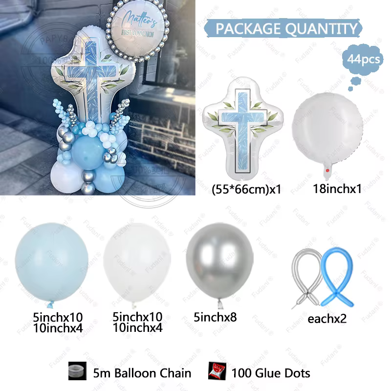 Bleu rose bébé baptême ballon croix bain feuille
