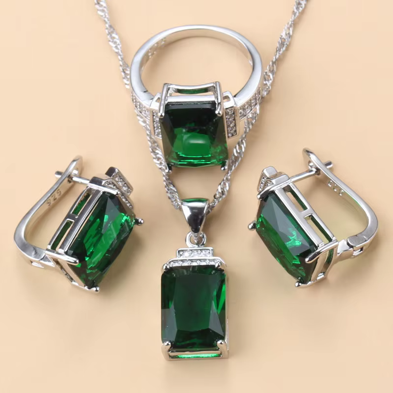 Ensembles de bijoux à breloques en argent 925 avec pierre verte pour femmes
