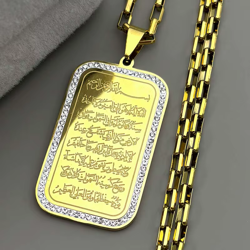 Islam musulman strass pendentif collier pour femmes hommes en acier inoxydable couleur or arabe coran foi mâle chaîne bijoux amulette
