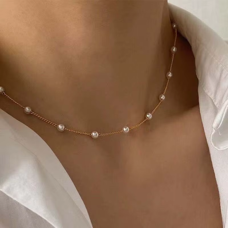 Nouveau Collier Ras-du-Cou Kpop pour Femme avec Perles Dorées