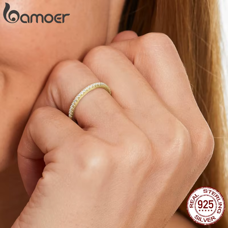 BAMOER plaqué or blanc solide 925 argent Sterling CZ simulé diamant empilable bague bandes d'éternité pour les femmes