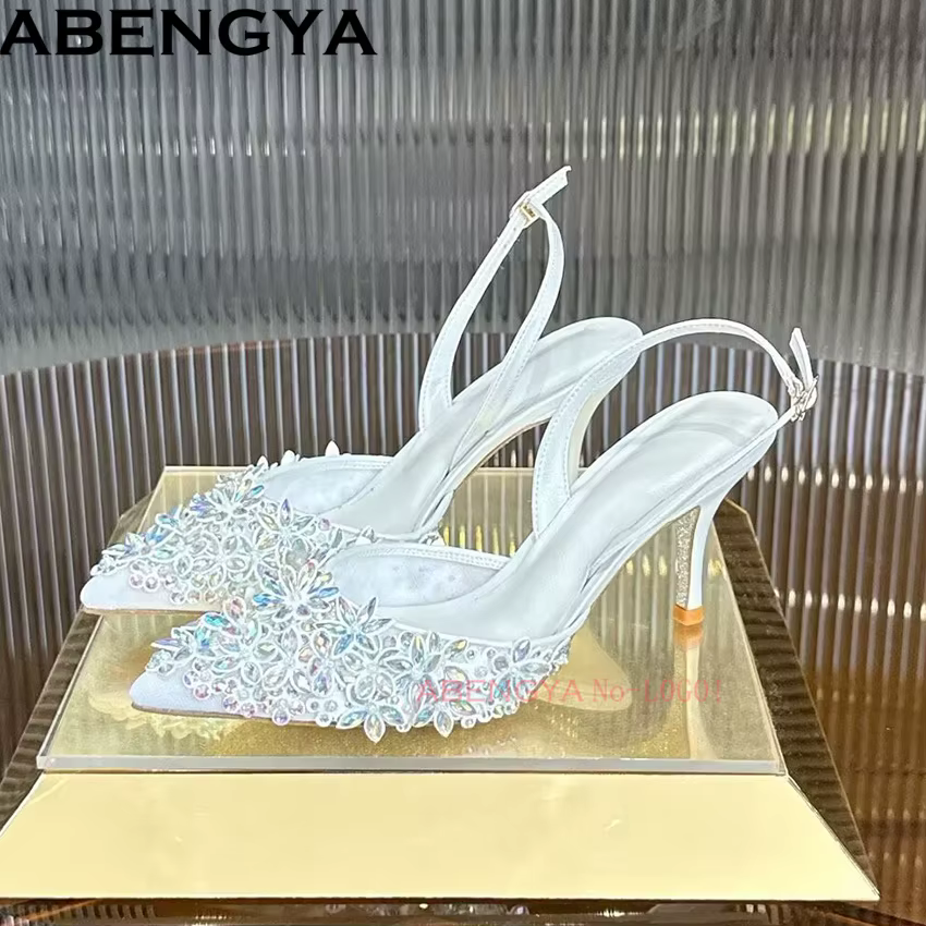 Chaussures à talons hauts en cristal coloré pour femmes, escarpins de mariage à bout pointu, sandales d'été à bride arrière à talon aiguille pour femme 2026