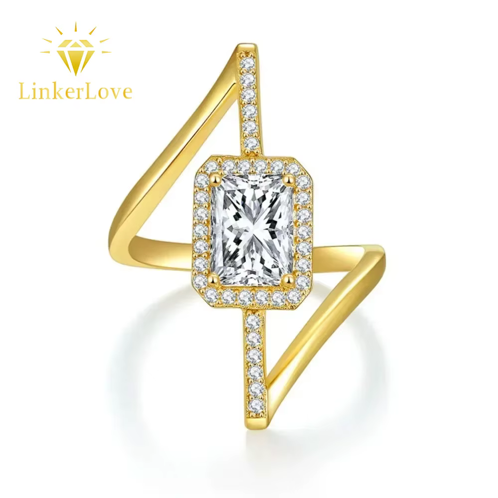 Bague de fiançailles LinkerLove plaquée or avec moissanite taille radiant 2 carats et halo