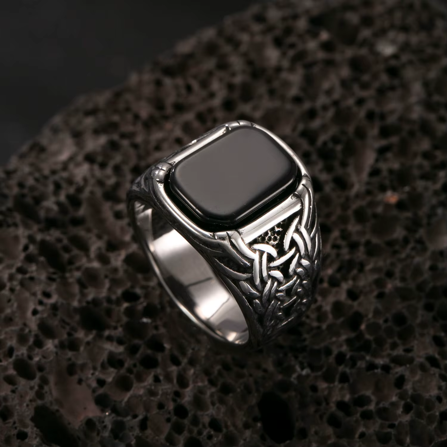 Bague vintage en pierre d'agate noire naturelle 10*12mm pour hommes et femmes