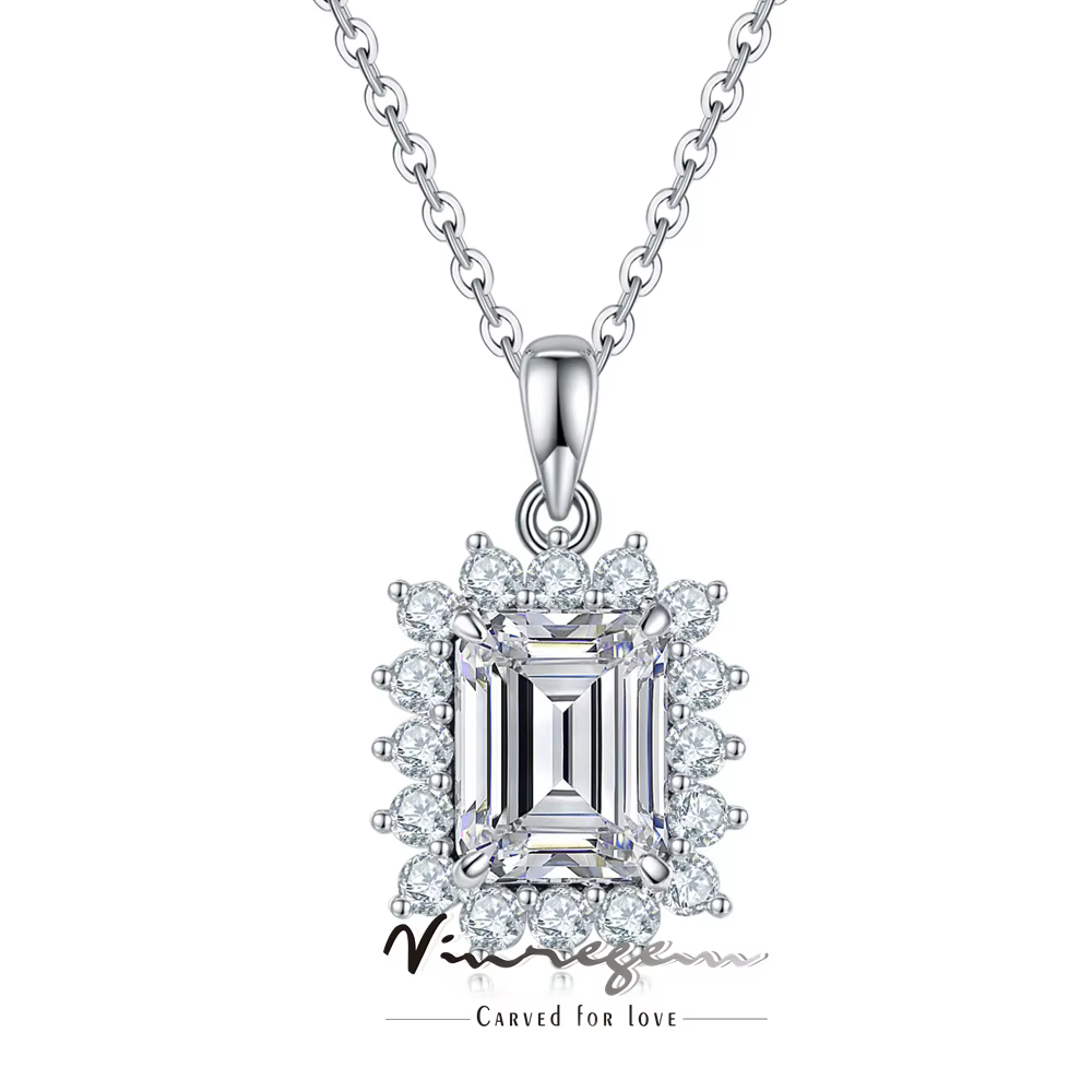 Pendentif en moissanite véritable Vinregem VVS 1 3EX couleur D taille émeraude 3 CT