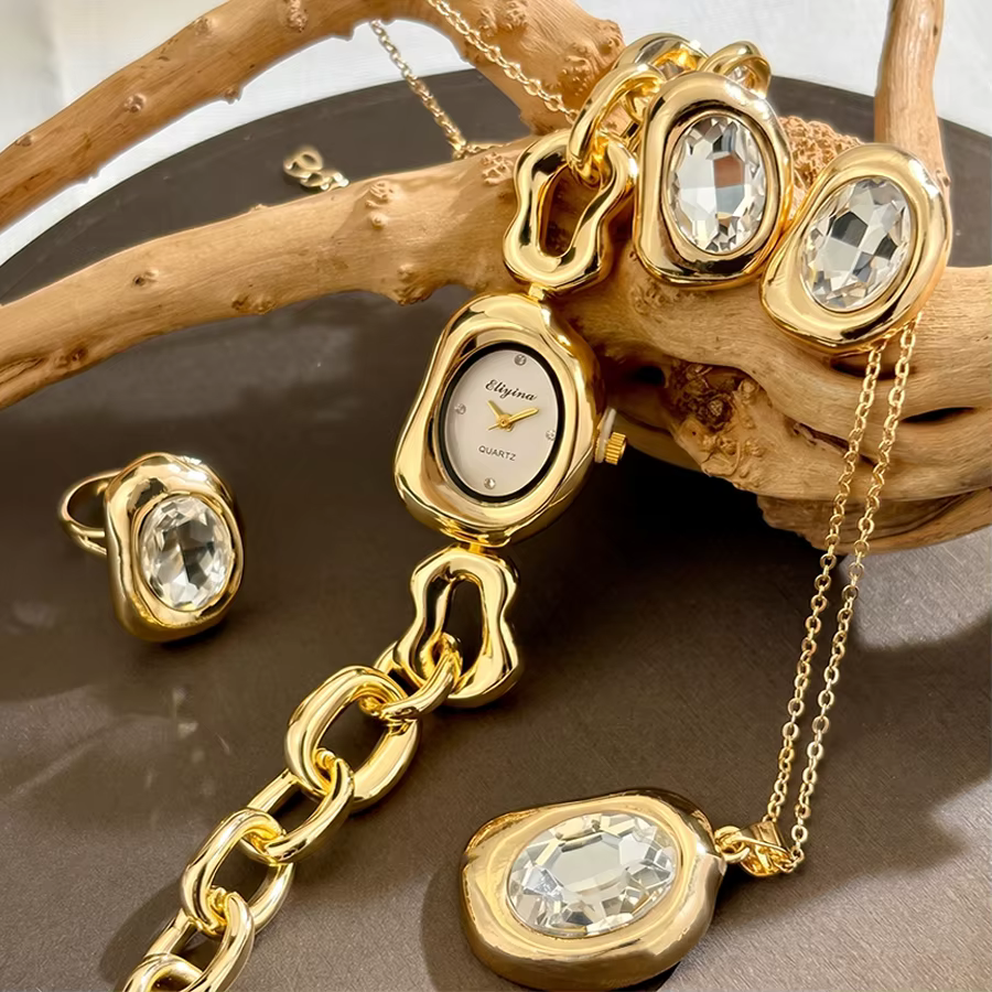Ensemble de bijoux de montre vintage élégant en or de forme irrégulière pour femmes avec accents en cristal
