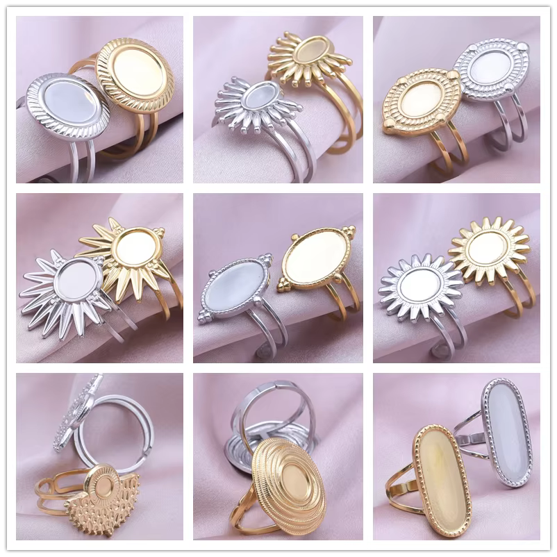1/2 pièces mélange argent/or couleur ovale fleur soleil anneau en acier inoxydable anneaux pour femmes hommes accessoires rond blanc Cobochons paramètres
