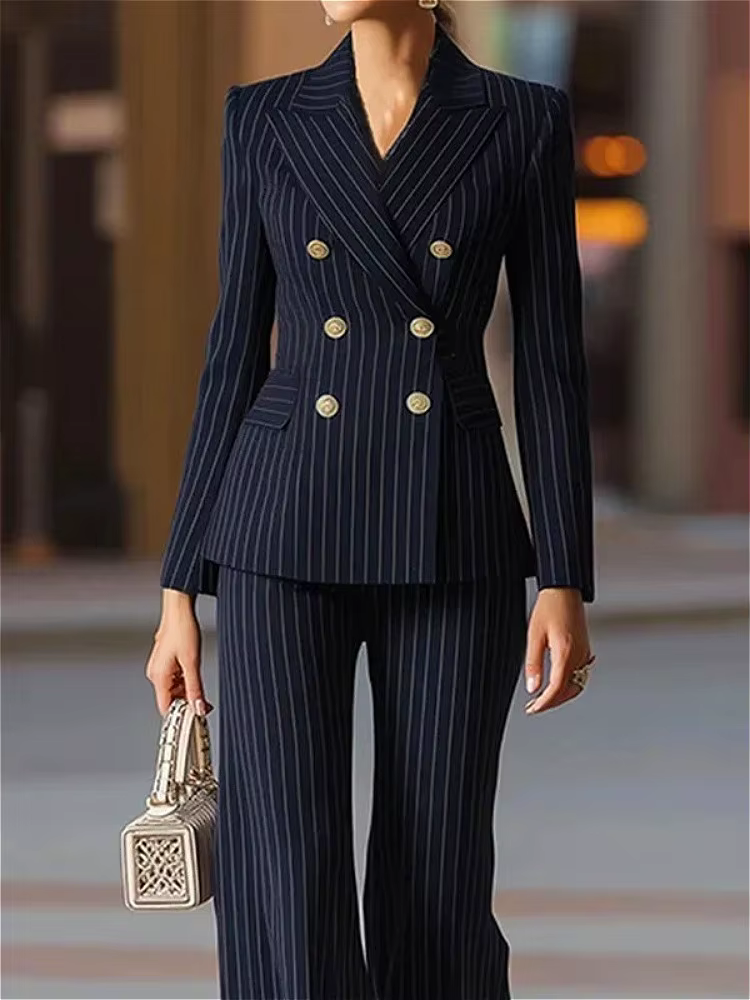 Modigirl bleu formel manteau d'extérieur pour femme 2025 nouveau automne printemps doré boutonné affaires mode rayé Blazers vêtements