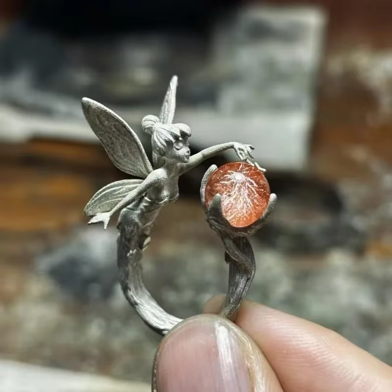 Bague elfe pour fille, ailes d'ange rétro incrustées, fée florale exquise