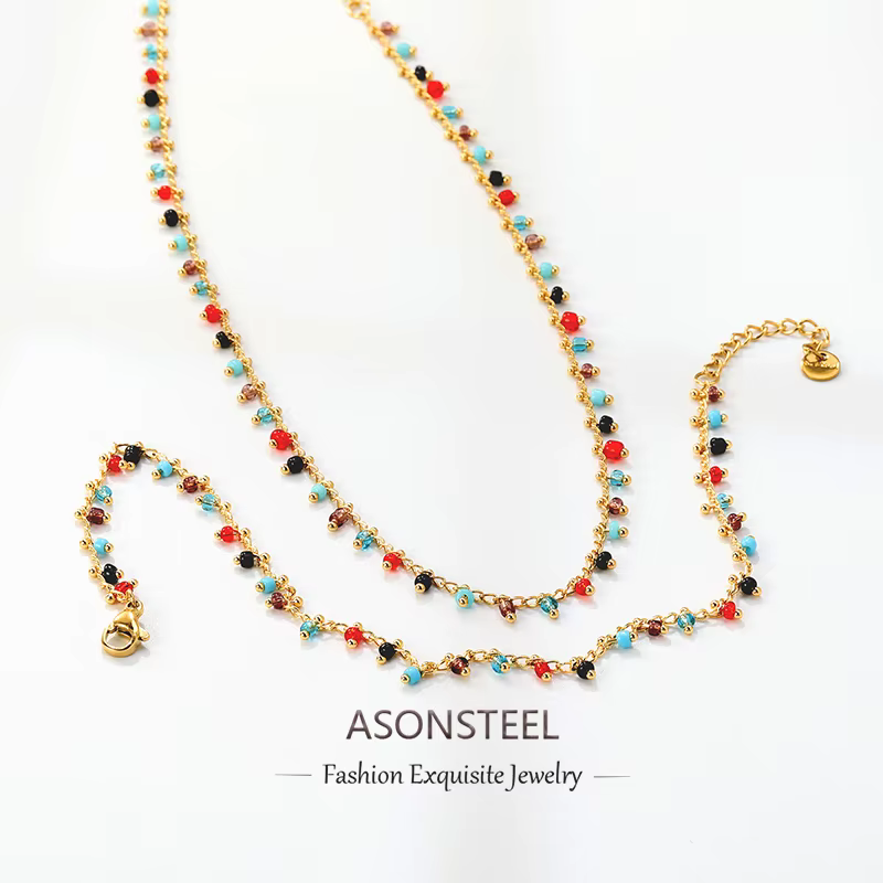 ASONSTEEL bohème naturel coloré perles collier Bracelet ensembles de bijoux en acier inoxydable femmes doré main