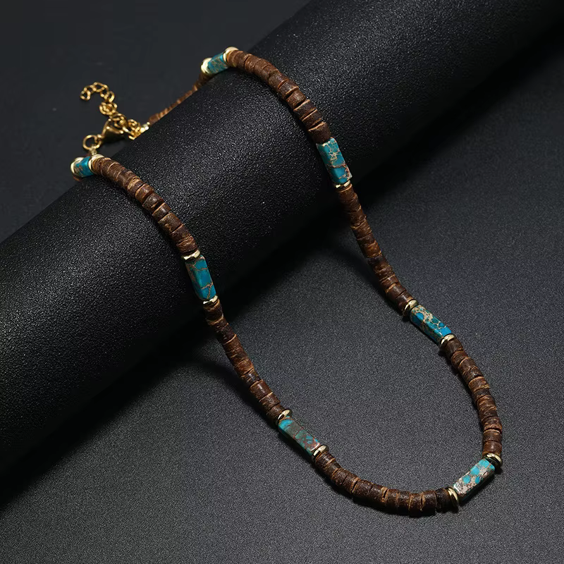 Bijoux d'été bohème Vintage, bijoux de Style ethnique, coquille de noix de coco marron, perles en bois, collier en pierre naturelle, bijoux pour hommes