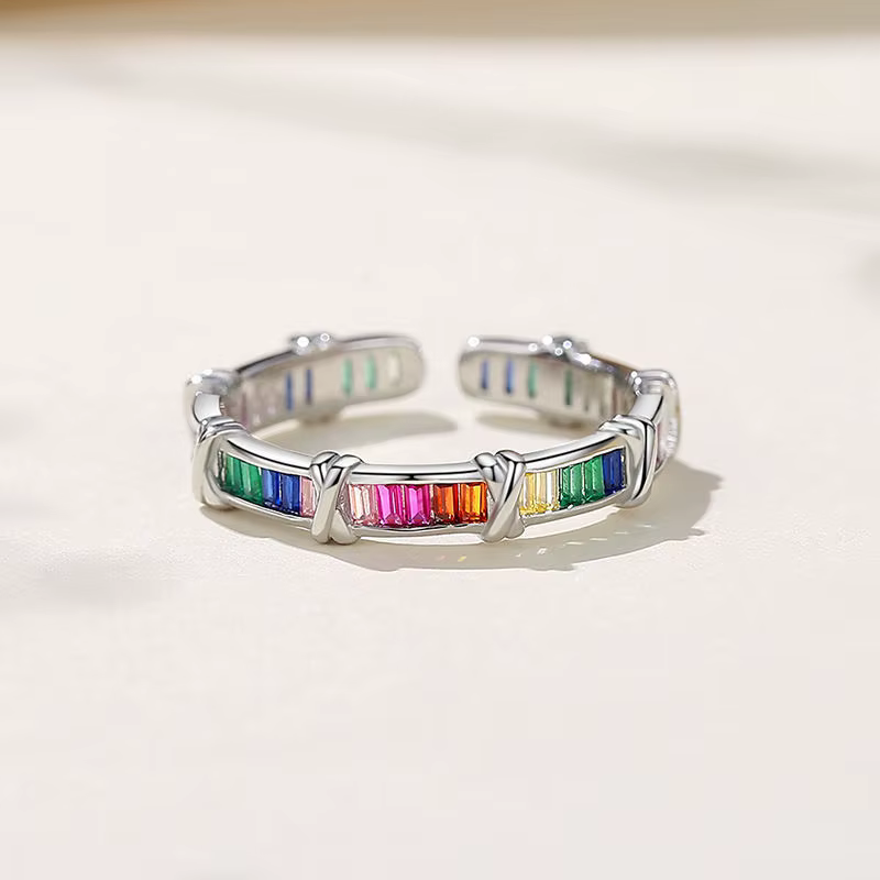 Bague en argent Sterling 925 pour femmes, lignes de pierre colorées, bijoux fins, doigt ouvert réglable, Vintage, cadeau d'anniversaire de fête