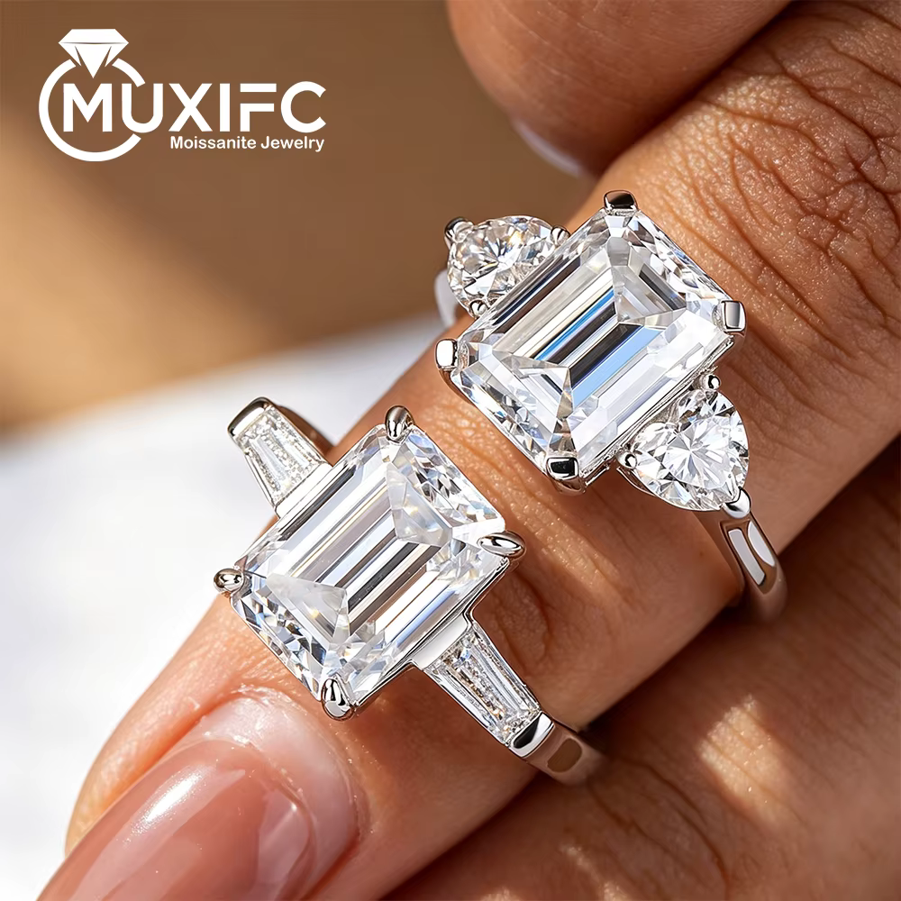 Bague de fiançailles en moissanite taille émeraude 4,5 carats, trois pierres baguette, diamant de laboratoire, pour femme, en argent sterling 925, cadeau de bijoux