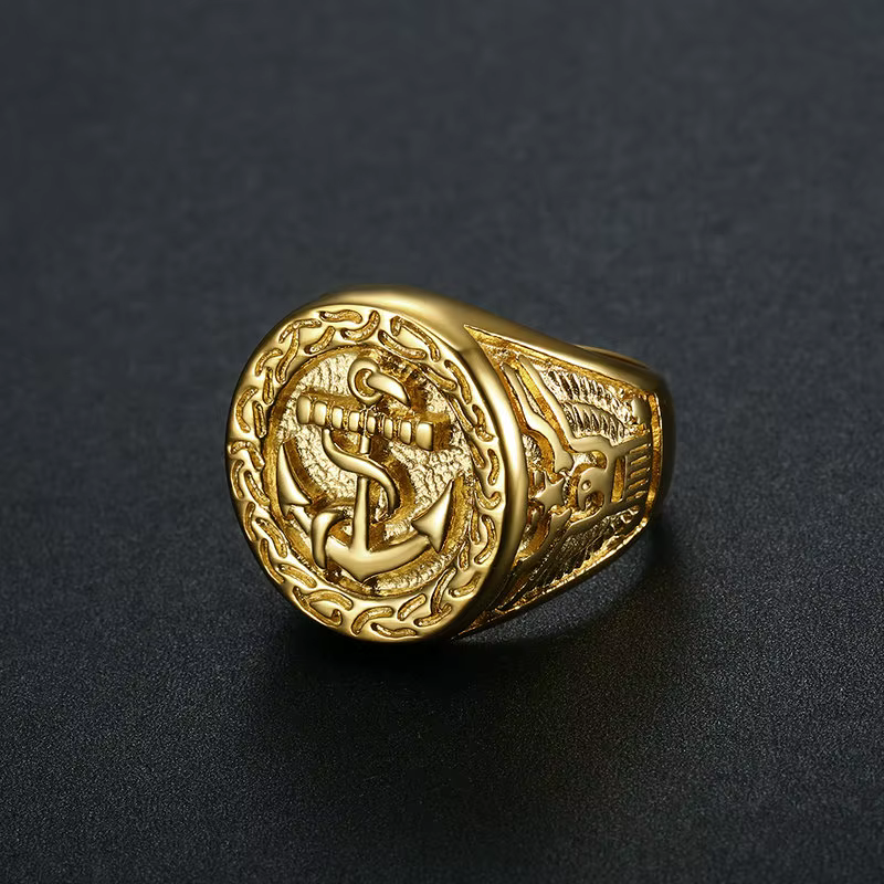 Bague pour homme en acier inoxydable plaqué or avec ancre marine et aigle