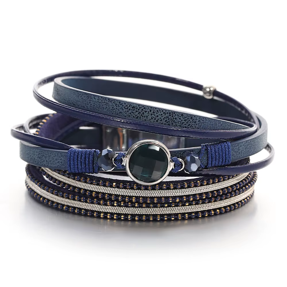ALLYES Vintage cristal perle Bracelet en cuir pour femmes hommes Boho multicouche longue chaîne Bracelets