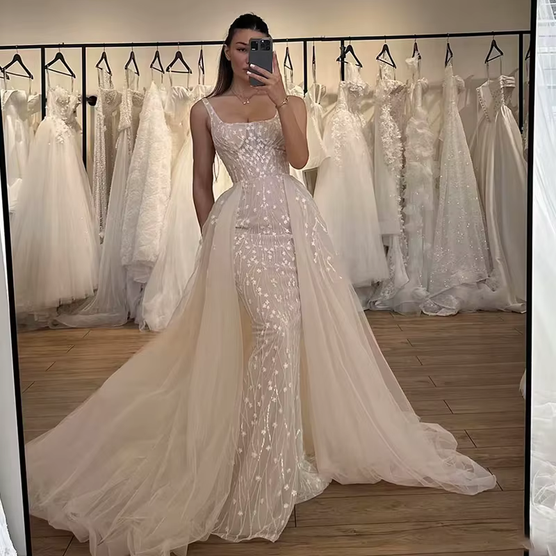 Robe De mariée sirène en Organza avec traîne détachable