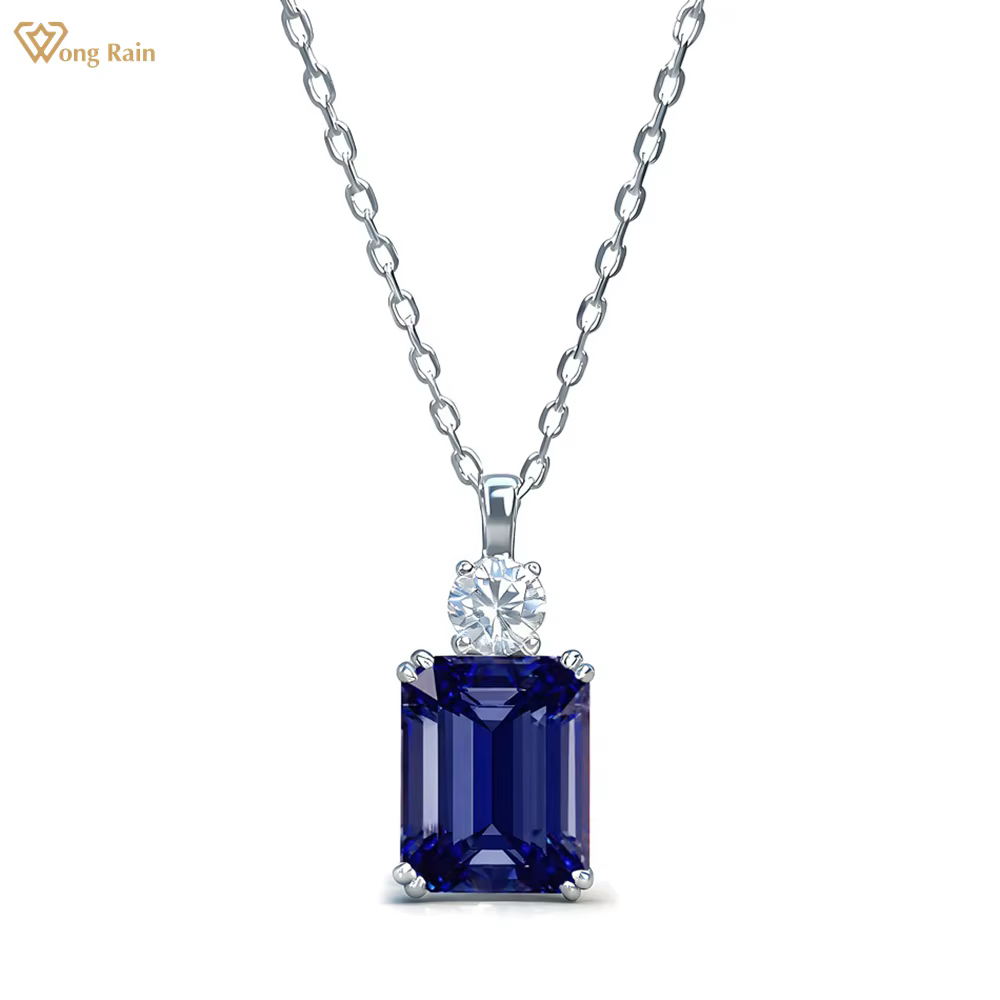 Wong Rain 925 argent Sterling 8*10 MM Tanzanite saphir rubis Citrine émeraude haute teneur en carbone diamant pendentif collier bijoux fins