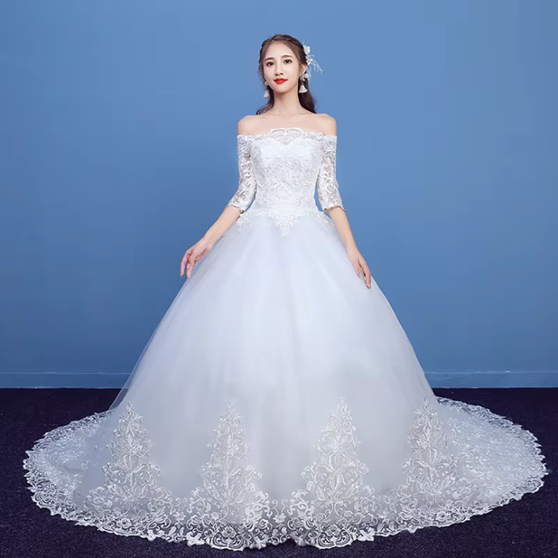 Y & M Novias blanc demi manches robe De mariée dentelle Appliques