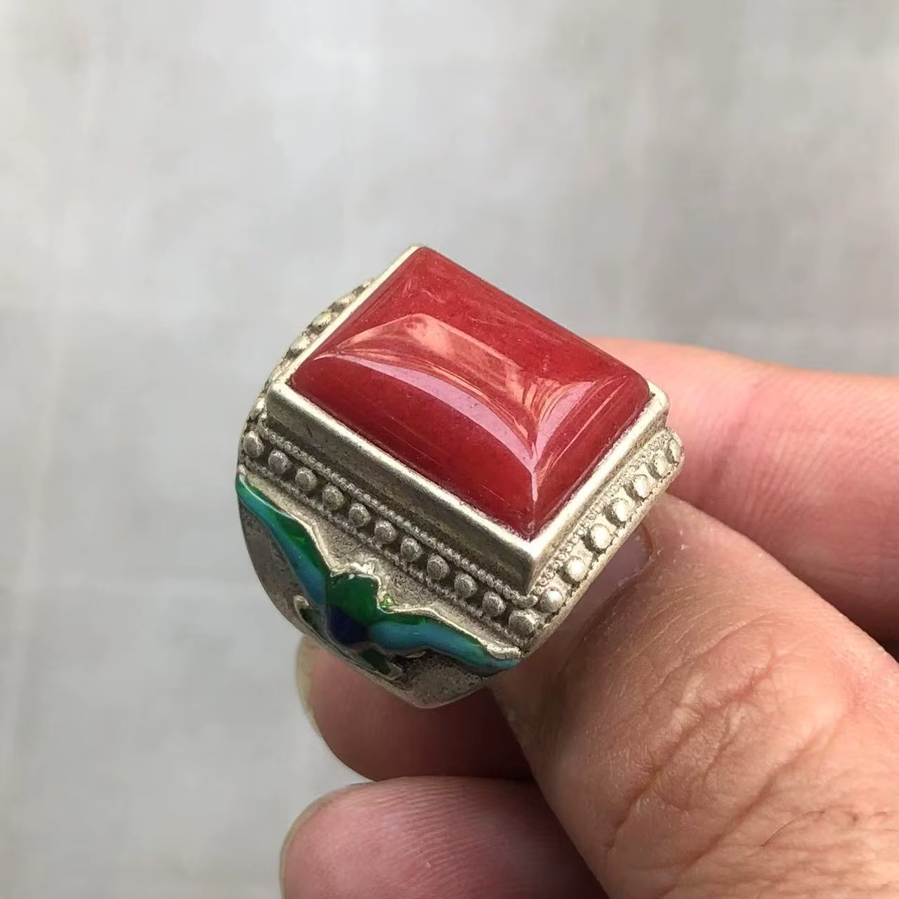 Bague Chevalière Vintage en Argent Émaillé Cloisonné
