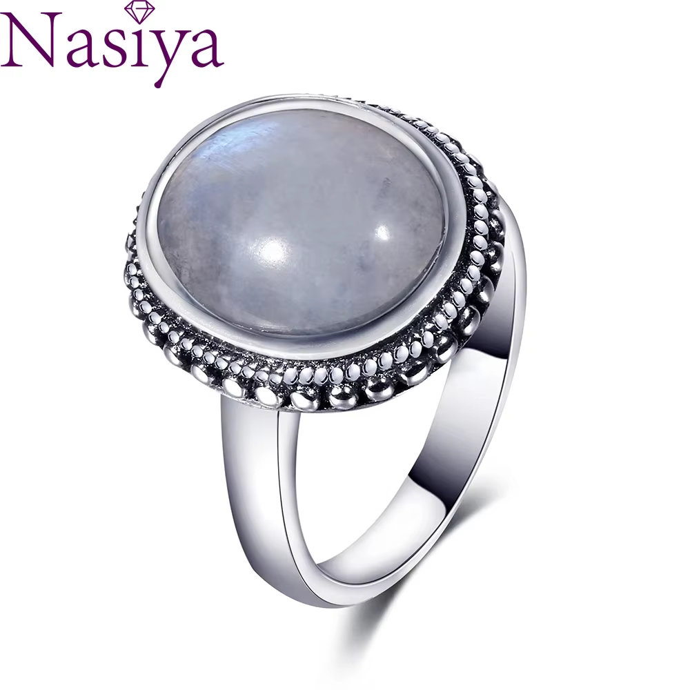 Nasiya élégant Simple ovale pierre de lune anneaux pour femmes filles S925 argent bijoux anniversaire fiançailles fête cadeau