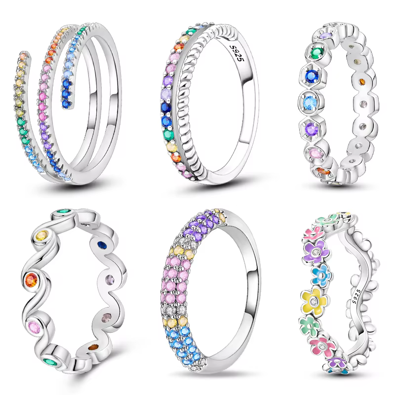 Pandach 925 couleur argent bagues de luxe coloré polygonal CZ rond chanceux fleur anneaux pour femmes bijoux fiançailles cadeau de mariage