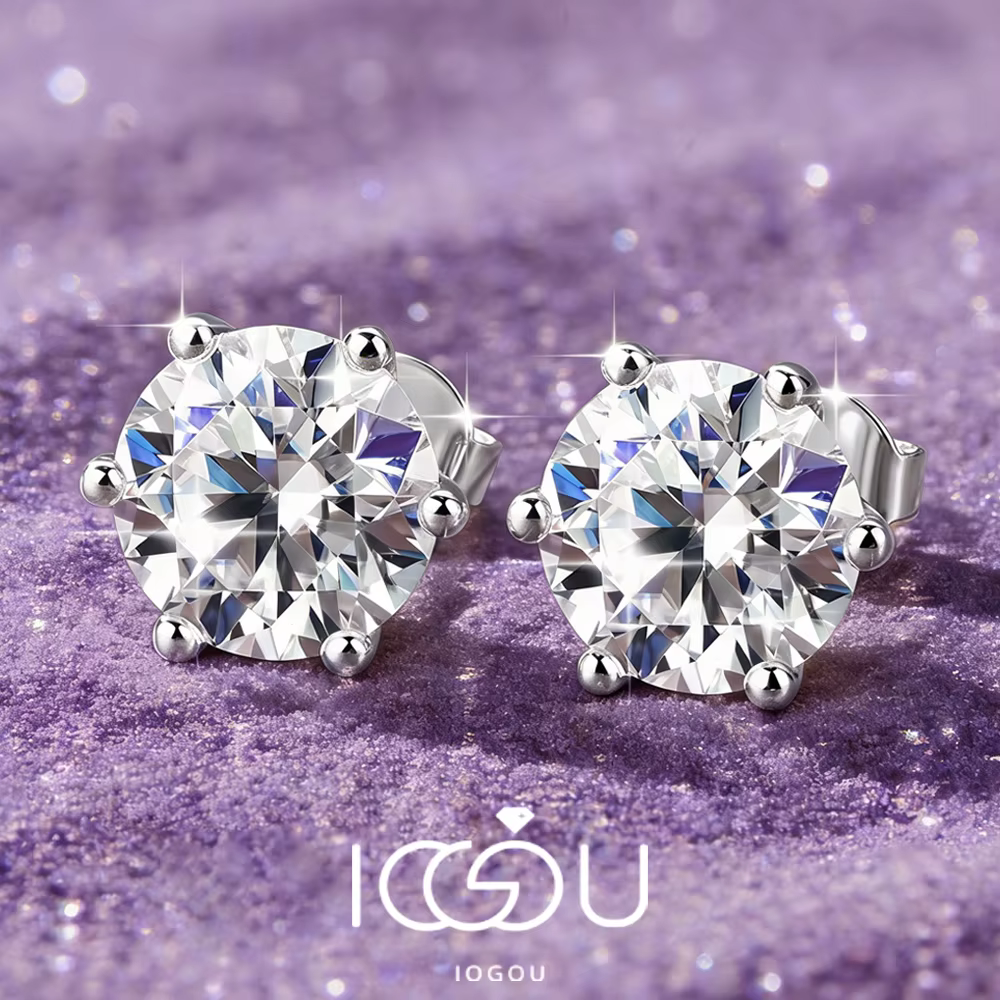 Boucles d'oreilles clous en moissanite ronde IOGOU 1.0ct 2.0ct