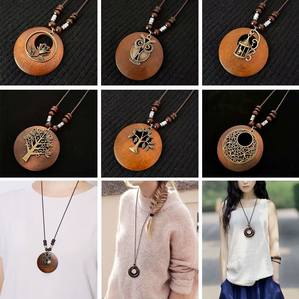 Collier en bois rétro pour femmes