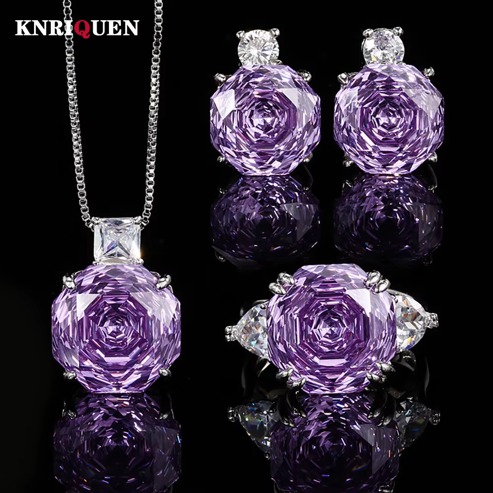 Breloques améthyste pierres précieuses bague collier pendentif boucles d'oreilles pour femmes Cocktail fête ensembles de bijoux fins accessoires cadeau d'anniversaire