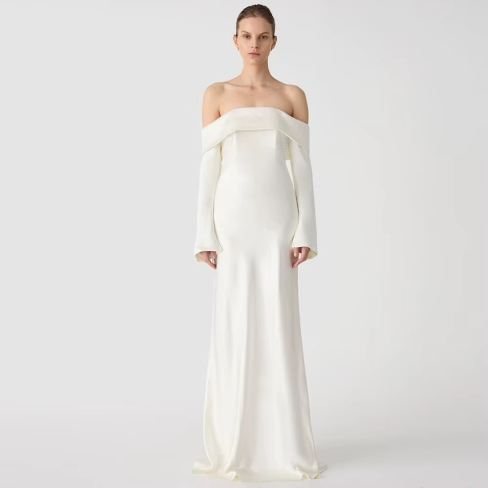 Robes de mariée civiles formelles en satin blanc plissé, robes de soirée élégantes pour femme, coupe droite, épaules dénudées, robes de mariée 2024 pour femmes