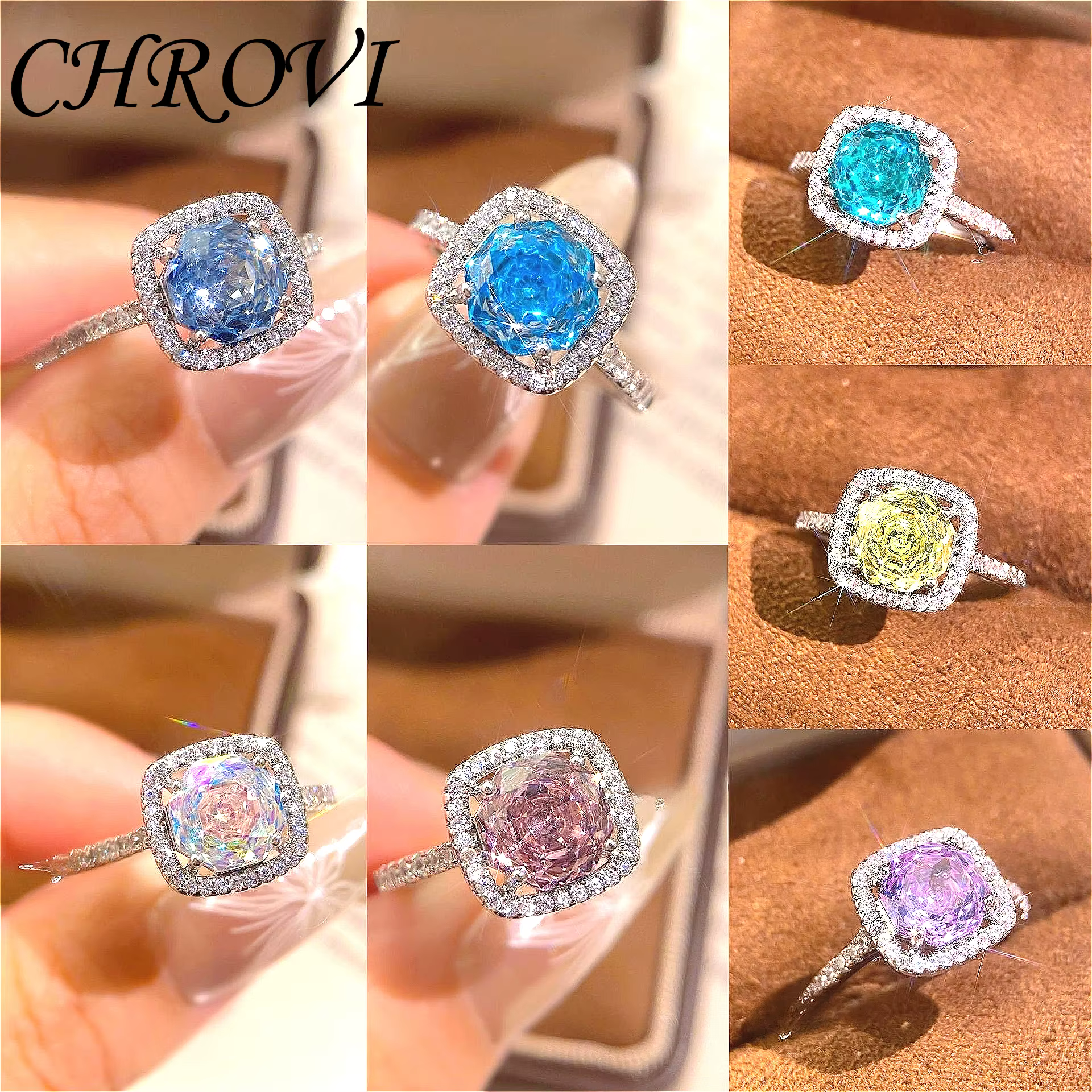 Bague octogonale en argent sterling 925 sertie de diamants