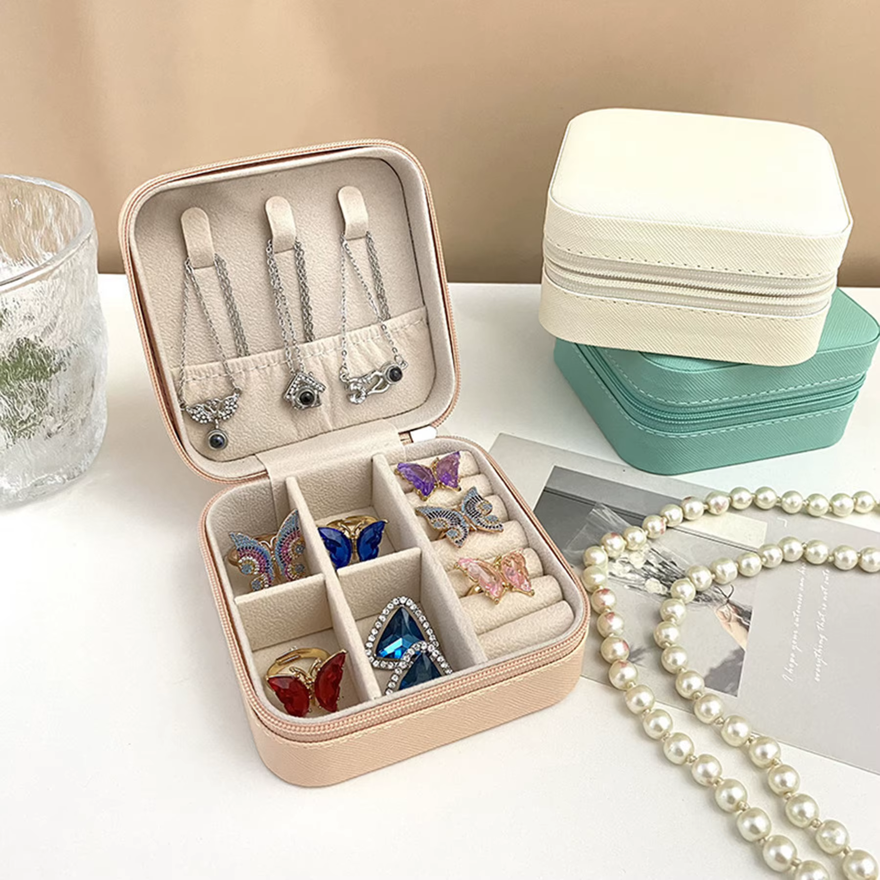 Mini boîte de rangement de bijoux multifonctionnelle pour femmes, étui à fermeture éclair, portable, voyage, maison, présentoir, boucles d'oreilles, colliers, matiques, présidence