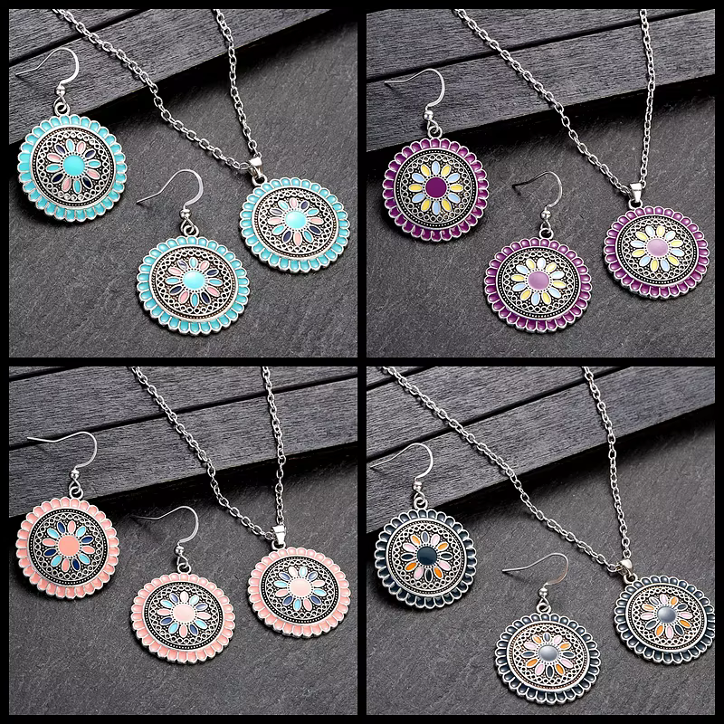 Ensemble de boucles d'oreilles et colliers style bohème rose pour femmes
