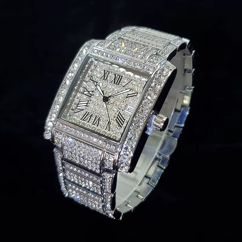 Montre en diamant de luxe pour hommes, nouvelle montre-bracelet rectangulaire Ice Out Bling, bijoux de style hip hop, livraison directe