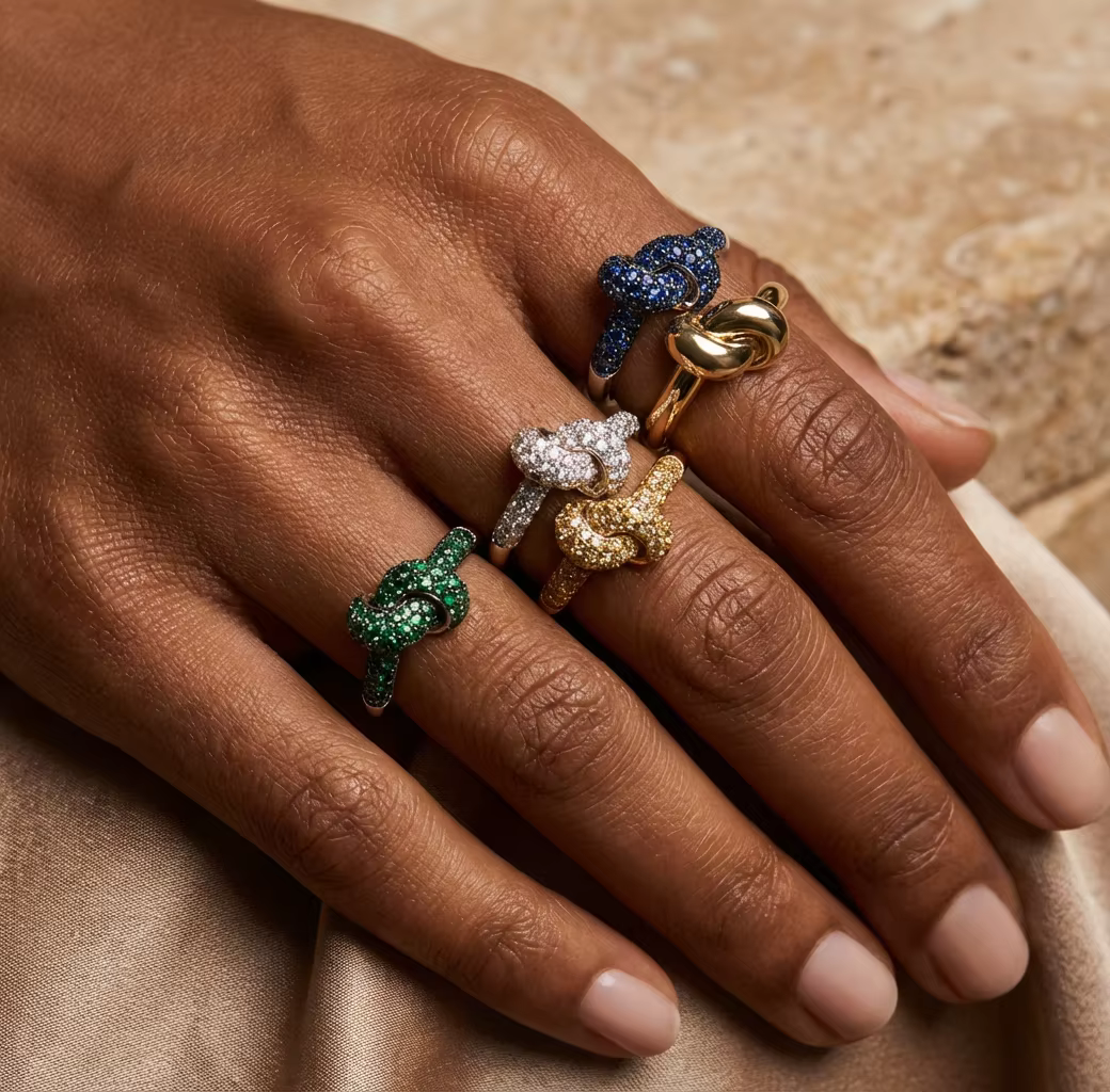 Bague en acier inoxydable avec nœud en CZ coloré de luxe pour femmes