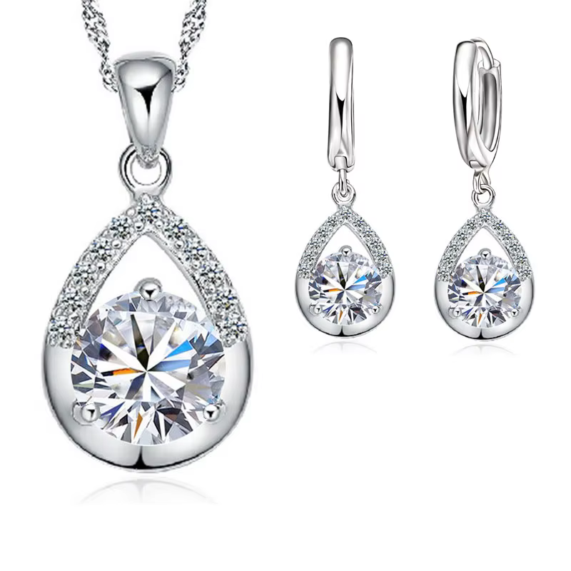 Offre spéciale ensembles de bijoux de mariée 925 en argent Sterling couleur cristal goutte d'eau colliers boucles d'oreilles femmes fête fiançailles
