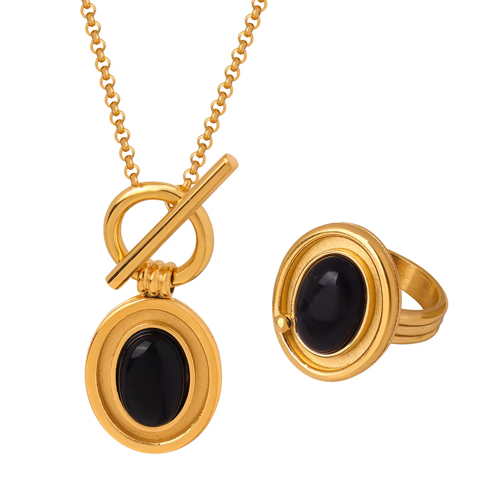 Ensemble de bijoux pendentif en agate noire pour femme
