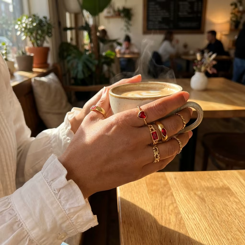 Lot de 9 bagues dorées pour femme, style vintage, avec chaîne cœur en cristal rouge, bagues géométriques épaisses à empiler, bijoux bohèmes pour phalanges