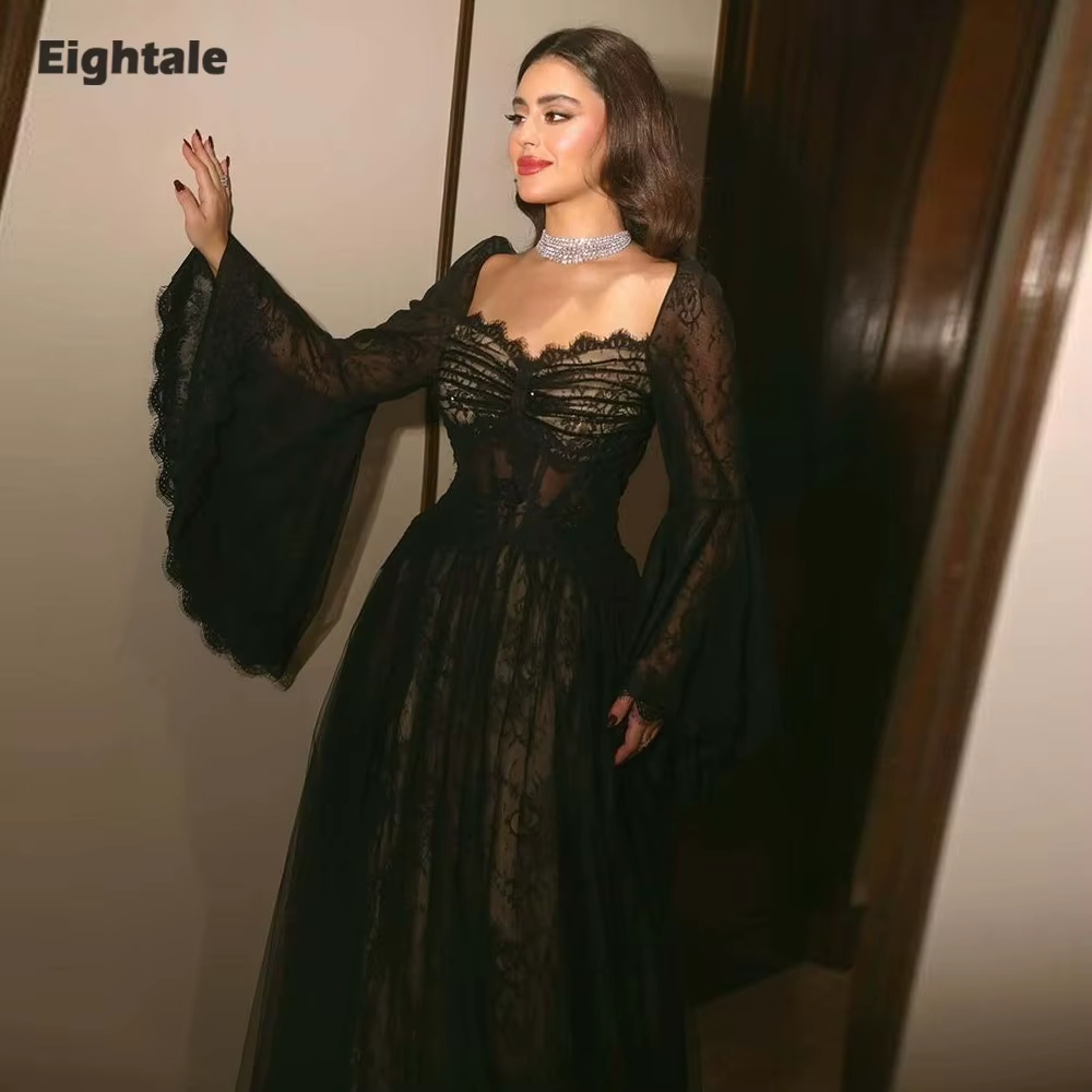 Robes de mariée Boho en dentelle chérie noir Flare manches longues a-ligne