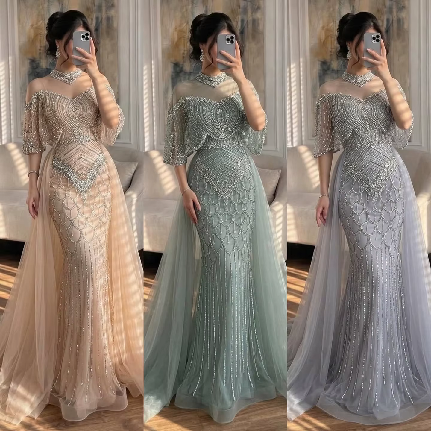 Robe de soirée de luxe grise avec perles