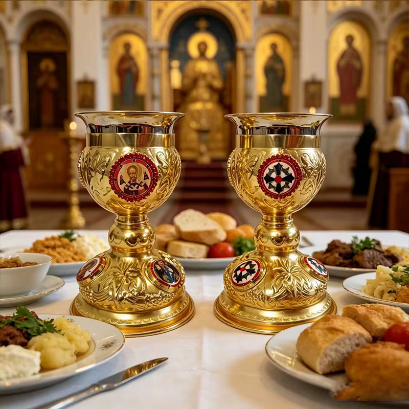 Nouveau Calice de Communion Orthodoxe Plaqué Or avec Reliefs d'icônes Émaillées pour l'Utilisation dans l'Altier de